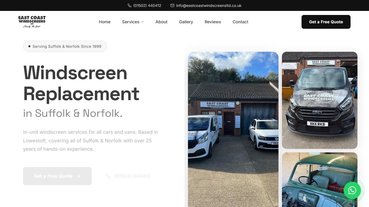East Coast Windscreens website screenshot