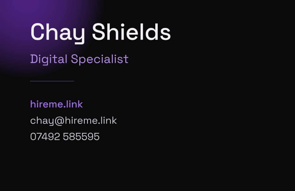 My own business card design - clean dark branding with contact details.